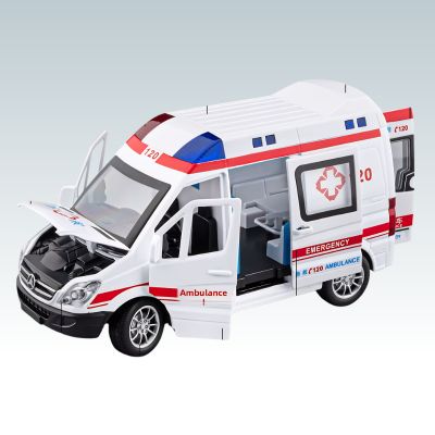 ambulance jouet blanche et rouge avec capot relevé et portes ouvertes sur fond clair