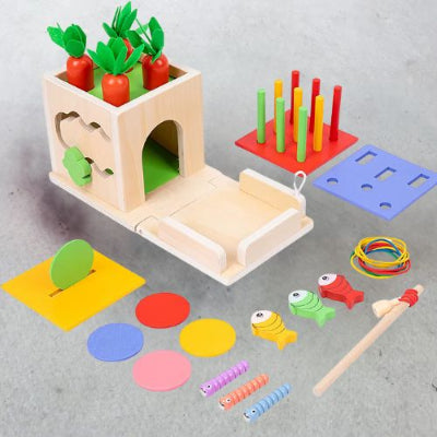 cube d'activité bébé en bois avec jeu de pêche aux poissons