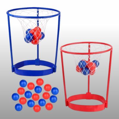 jeu de basket avec deux paniers à porter sur la tête, bleu et rouge, et des balles assorties