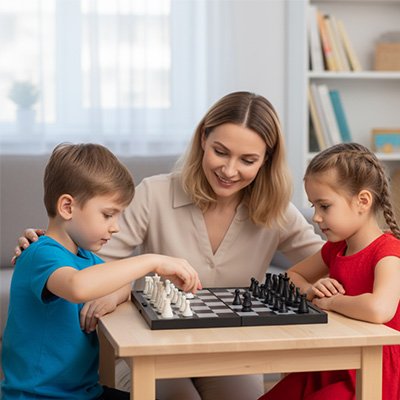 deux enfants jouant aux échecs avec une adulte autour d’un plateau noir et blanc