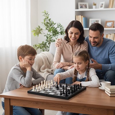 jeu d’échecs compact sur une table de salon avec deux enfants et leurs paren