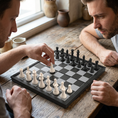 vue rapprochée de deux adultes déplaçant les pièces d’un jeu d’échecs