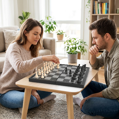 deux adultes jouant aux échecs sur une table dans un salon lumineux