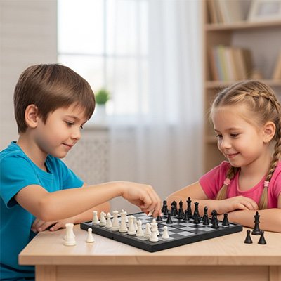 garçon et fille déplaçant les pièces d’un jeu d’échecs compact