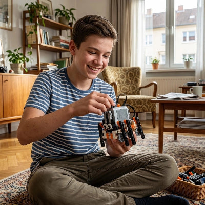 adolescent ajustant un robot de construction noir, blanc et orange tenu dans ses mains