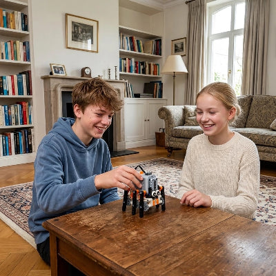 deux jeunes manipulant ensemble un robot de construction posé sur une table