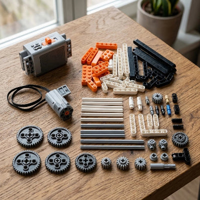 pièces du robot de construction avec poutres, axes, engrenages, connecteurs et composants motorisés étalés sur une table