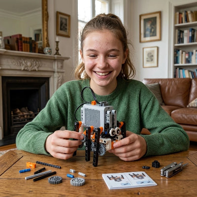 adolescente assemblant un robot noir, blanc et orange avec des pièces et une notice sur la table