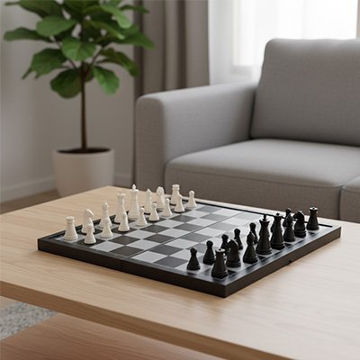 échiquier compact avec pièces noires et blanches sur une table basse