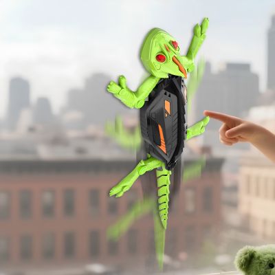 gros plan du robot lézard grimpeur vert et noir sur une vitre