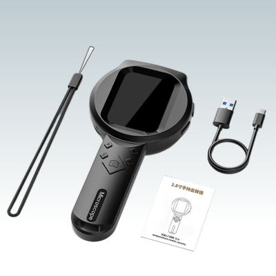 microscope numérique noir à écran avec dragonne, câble USB et notice
