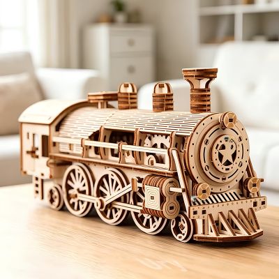  locomotive en bois assemblée, vue de trois quarts sur une table, avec détails des roues et de la chaudière