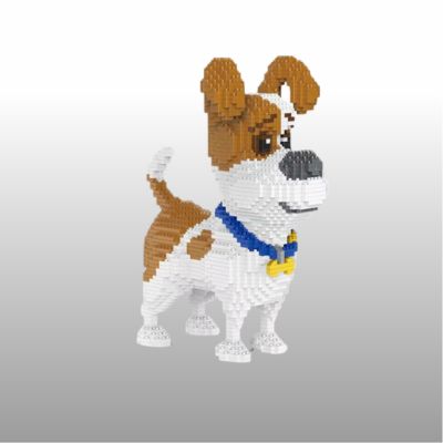 puzzle 3d mini brique chien blanc et marron en mini-briques 3D avec un collier bleu