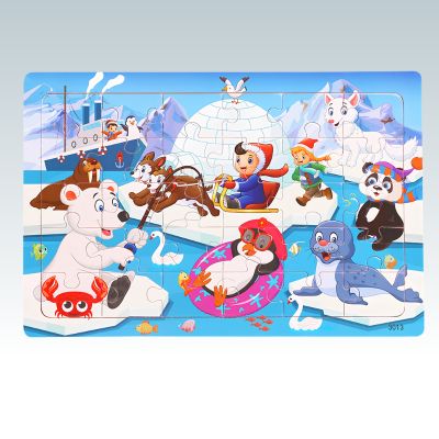 puzzle en bois enfant représentant des personnages et des animaux sur la banquise autour d’un igloo