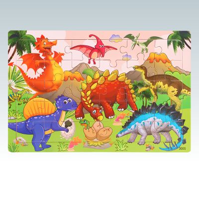 puzzle en bois enfant avec dinosaures colorés et œufs dans un paysage volcanique