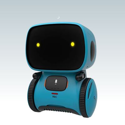 robot jouet bleu à deux roues avec visage noir, yeux jaunes et bouton microphone 