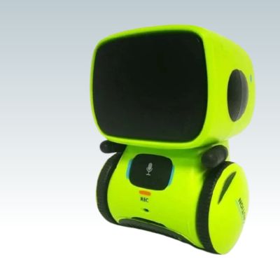  robot jouet vert à deux roues avec visage noir et bouton microphone