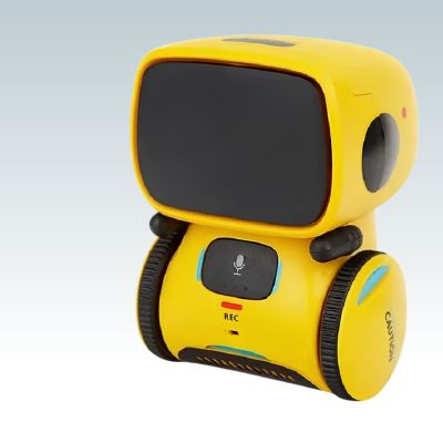 robot jouet jaune à deux roues avec visage noir et bouton microphone 