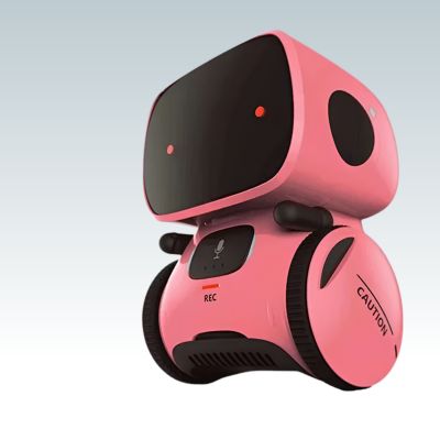  robot jouet rose vu de trois quarts avec yeux roses et roues noires