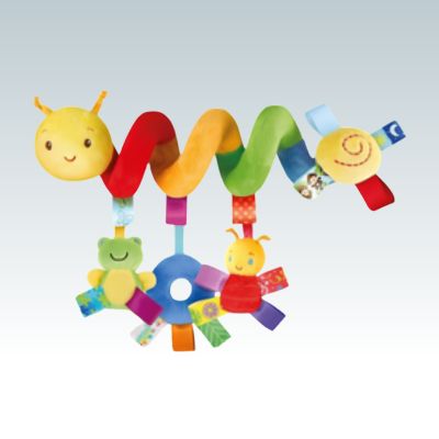 spirale d’activité bébé en forme de chenille multicolore avec anneau bleu, personnages et rubans