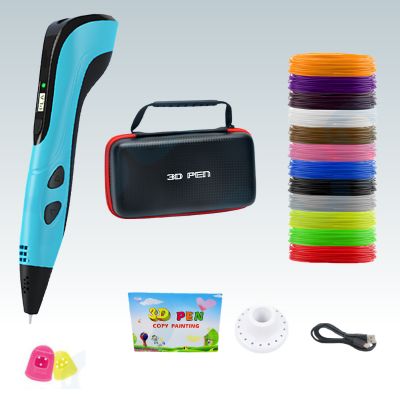  kit stylo 3D bleu avec mallette noire, filaments multicolores, câble USB et accessoires