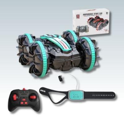 voiture amphibie noire et turquoise avec télécommande, montre de contrôle, câble et boîte