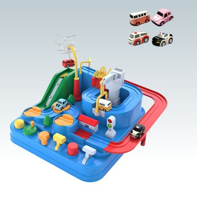 circuit voiture aventure bleu avec obstacles, commandes colorées et mini véhicules