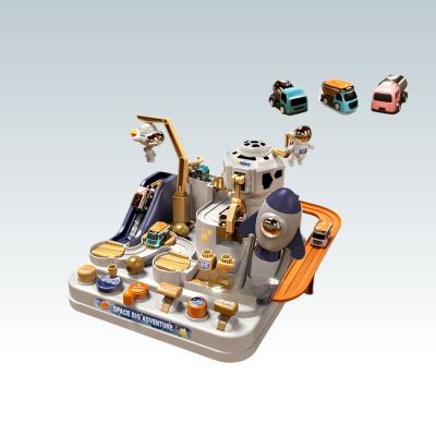 circuit voiture aventure beige sur le thème spatial avec rampe orange, mini véhicules et figurines